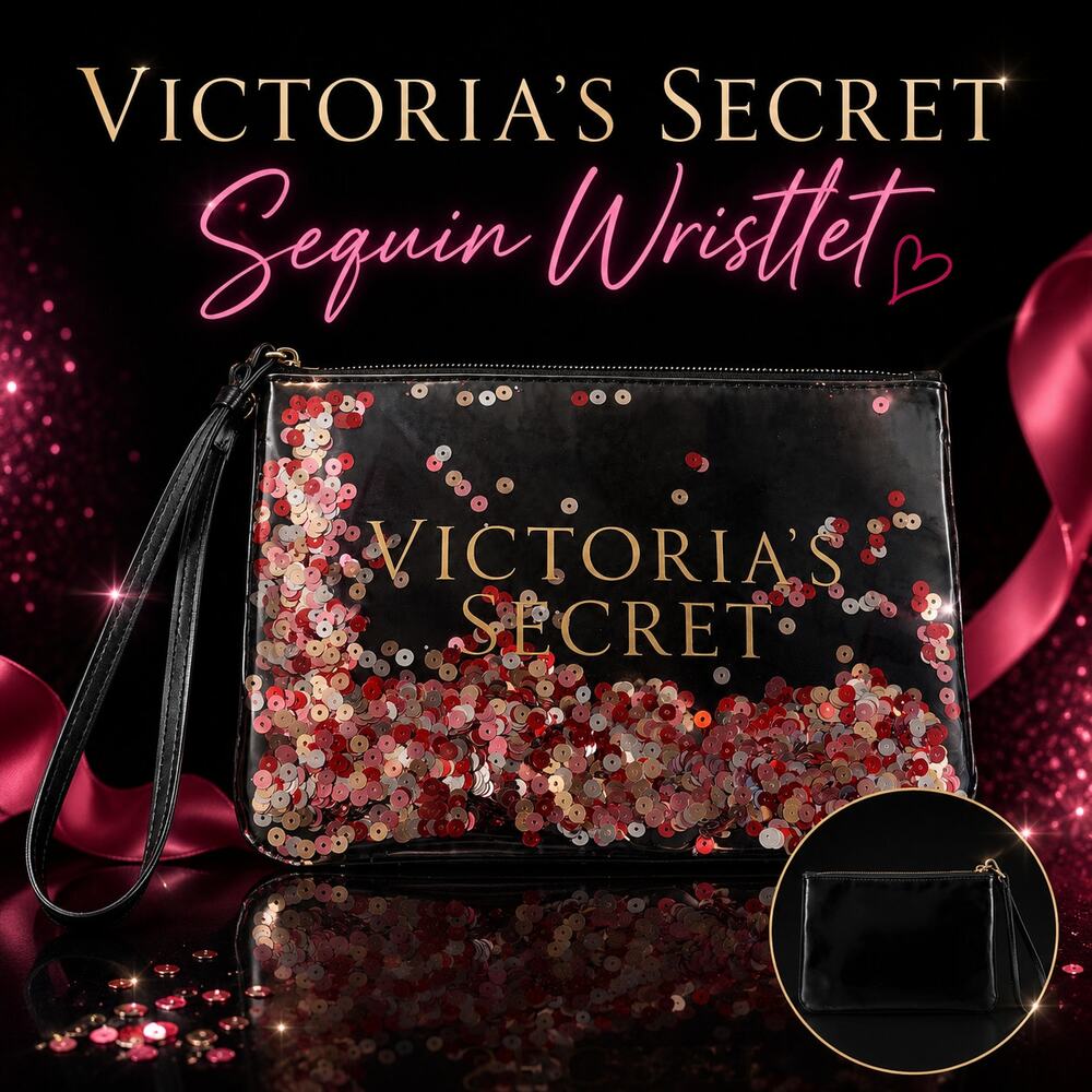 Victoria’s Secret Confetti Sequin Wristlet Black Makeup Cosmetic Clutch